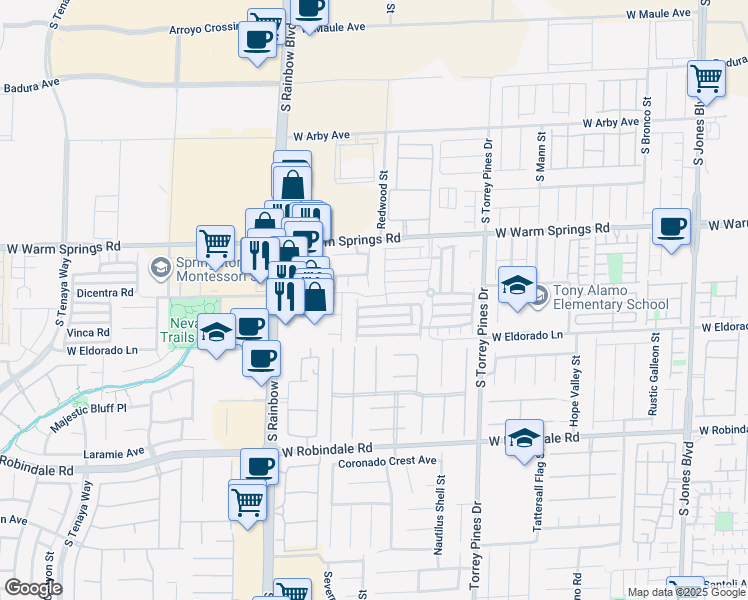 map of restaurants, bars, coffee shops, grocery stores, and more near 6711 West Churnet Valley Avenue in Las Vegas