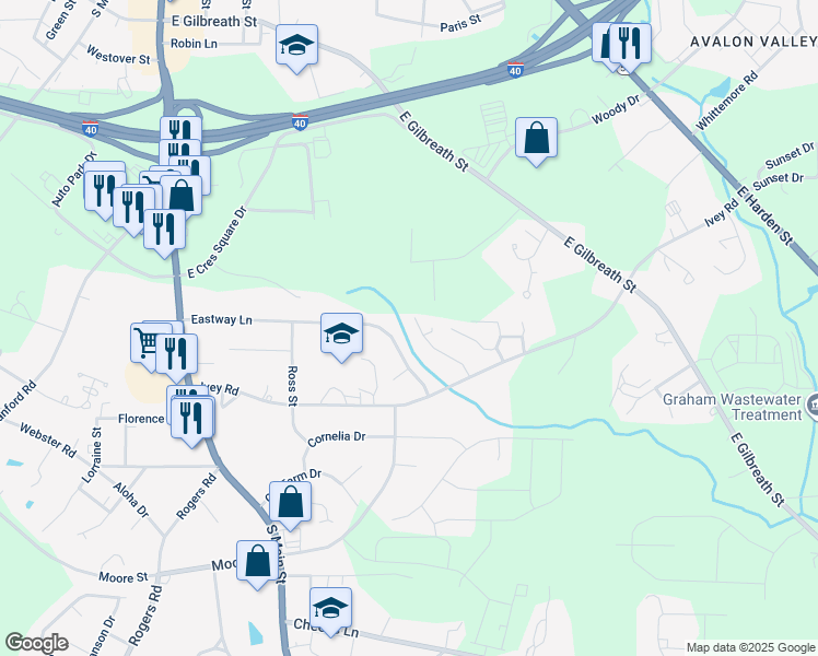 map of restaurants, bars, coffee shops, grocery stores, and more near 813 Essex Drive in Graham