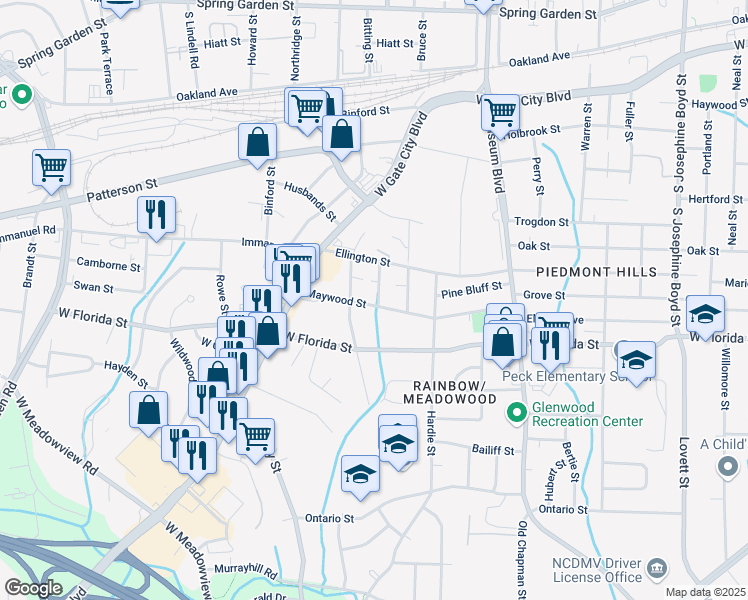 map of restaurants, bars, coffee shops, grocery stores, and more near 2300 Maywood Street in Greensboro