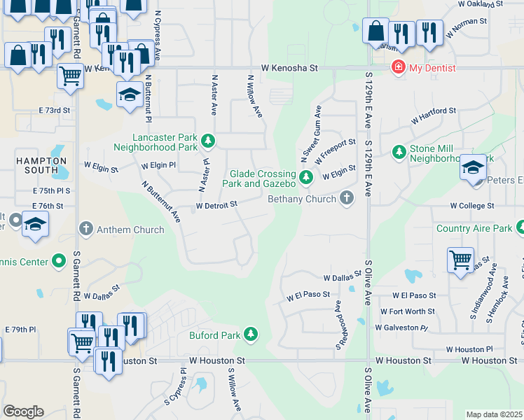 map of restaurants, bars, coffee shops, grocery stores, and more near 4204 West College Street in Broken Arrow
