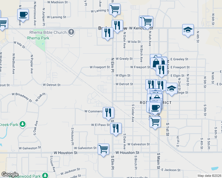 map of restaurants, bars, coffee shops, grocery stores, and more near 128 North Elm Place in Broken Arrow