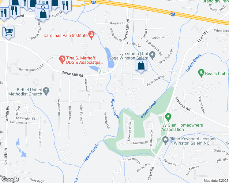 map of restaurants, bars, coffee shops, grocery stores, and more near 514 Rivertree Lane in Winston-Salem