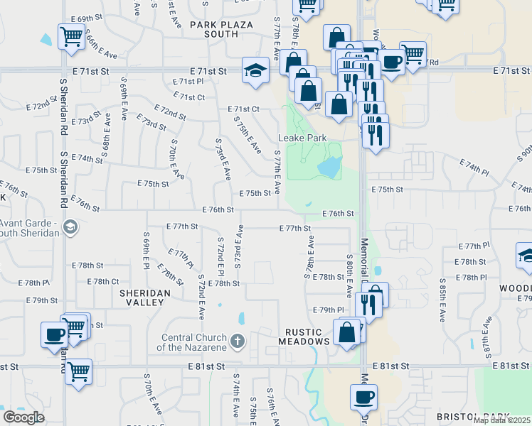 map of restaurants, bars, coffee shops, grocery stores, and more near 7352 East 76th Street in Tulsa
