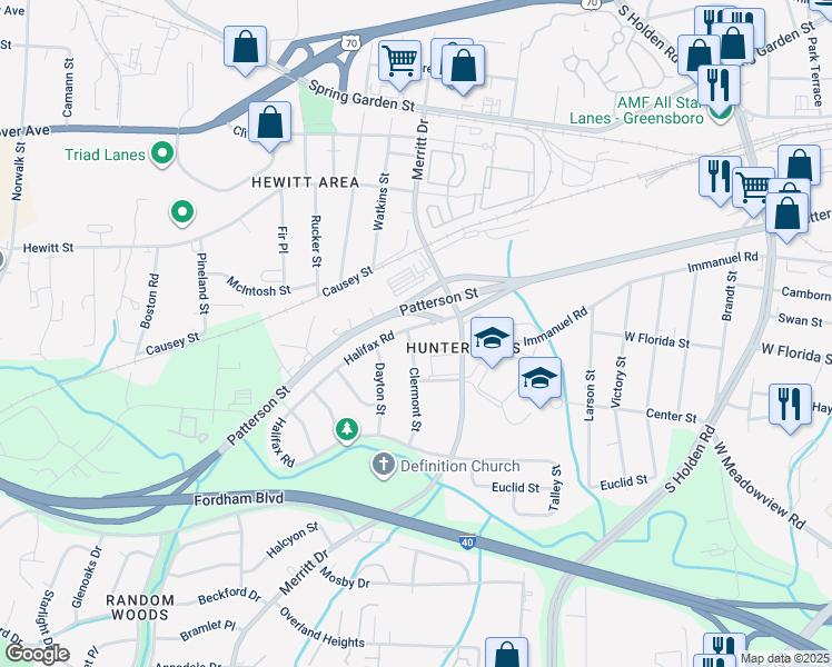 map of restaurants, bars, coffee shops, grocery stores, and more near 3811 Halifax Road in Greensboro