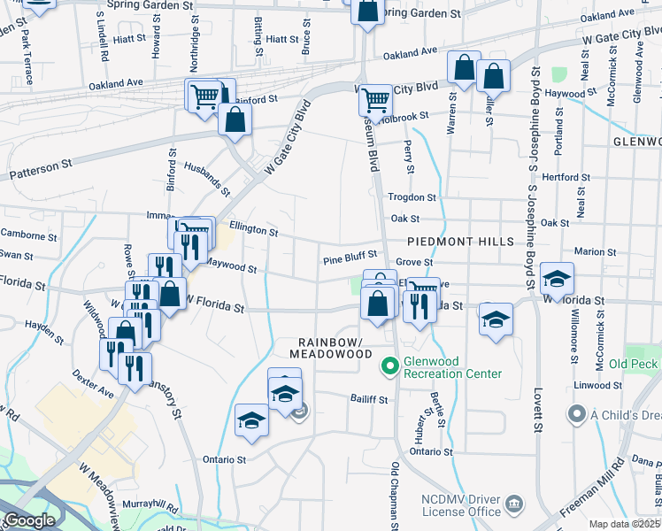 map of restaurants, bars, coffee shops, grocery stores, and more near 2029 Pine Bluff Street in Greensboro