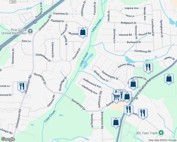 map of restaurants, bars, coffee shops, grocery stores, and more near 489 Shady Grove in Winston-Salem