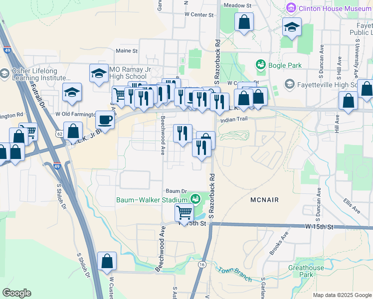 map of restaurants, bars, coffee shops, grocery stores, and more near 948 South Modus Way in Fayetteville