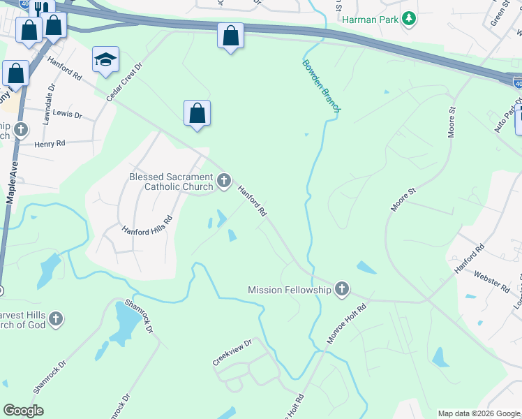 map of restaurants, bars, coffee shops, grocery stores, and more near 1498 Hanford-Brickyard Rd in Graham