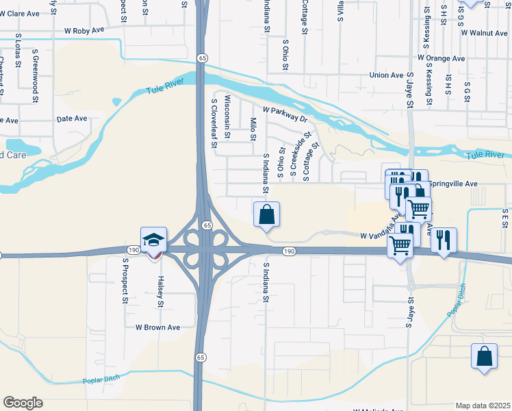 map of restaurants, bars, coffee shops, grocery stores, and more near 751 South Indiana Street in Porterville
