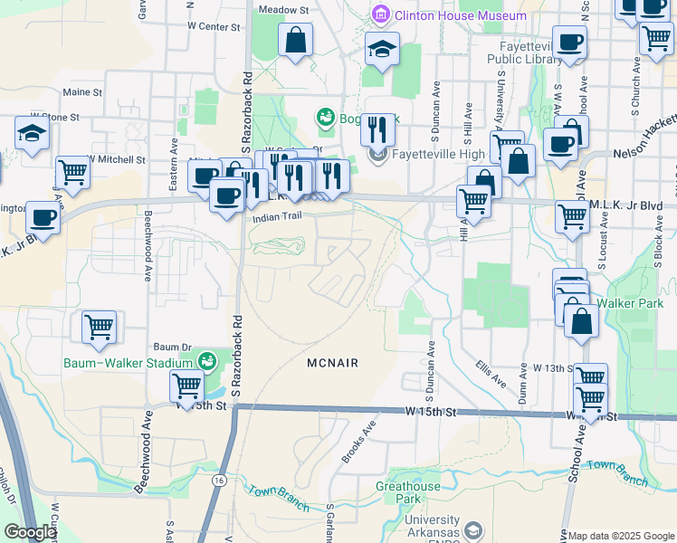 map of restaurants, bars, coffee shops, grocery stores, and more near 1111 South Stadium Drive in Fayetteville