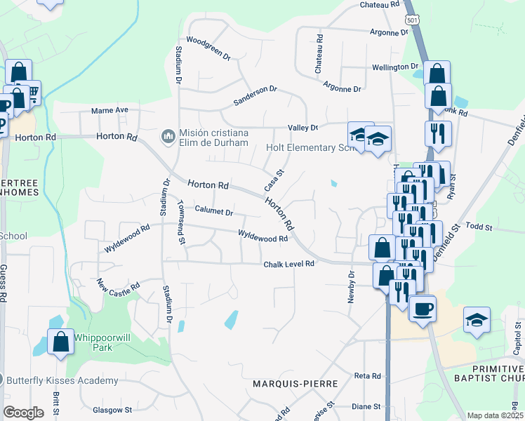 map of restaurants, bars, coffee shops, grocery stores, and more near 908 Calumet Dr in Durham