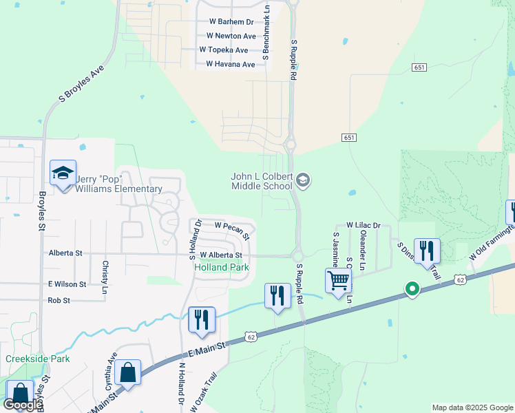 map of restaurants, bars, coffee shops, grocery stores, and more near 4338 West Cottage Street in Fayetteville