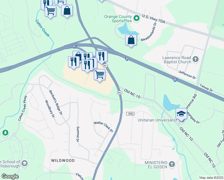 map of restaurants, bars, coffee shops, grocery stores, and more near 2101 North Carolina 86 in Hillsborough