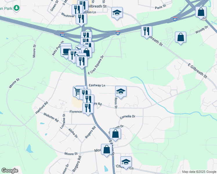 map of restaurants, bars, coffee shops, grocery stores, and more near 117 Eastway Lane in Graham
