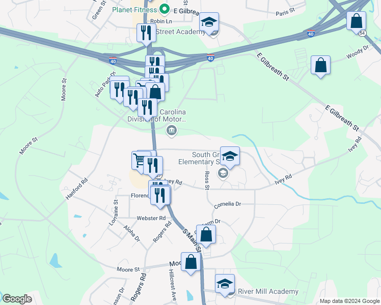 map of restaurants, bars, coffee shops, grocery stores, and more near 115 Eastway Lane in Graham