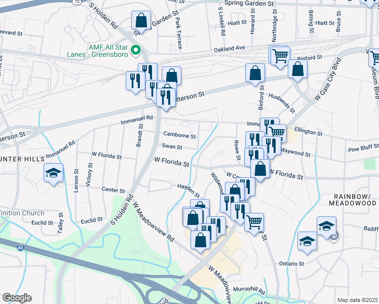 map of restaurants, bars, coffee shops, grocery stores, and more near 1407 Swan Street in Greensboro