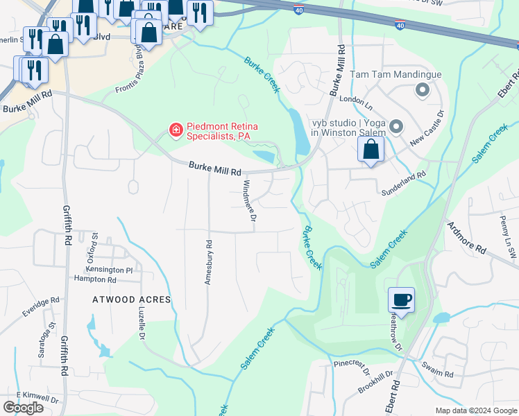 map of restaurants, bars, coffee shops, grocery stores, and more near 2812 Wynfield Crossing Lane in Winston-Salem