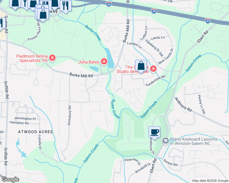 map of restaurants, bars, coffee shops, grocery stores, and more near 514 Rivertree Lane in Winston-Salem