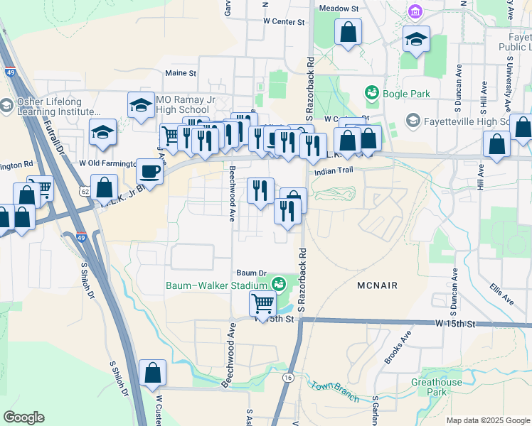 map of restaurants, bars, coffee shops, grocery stores, and more near 948 South Modus Way in Fayetteville