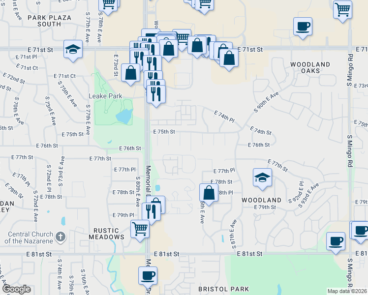 map of restaurants, bars, coffee shops, grocery stores, and more near 7527 South 84th East Avenue in Tulsa