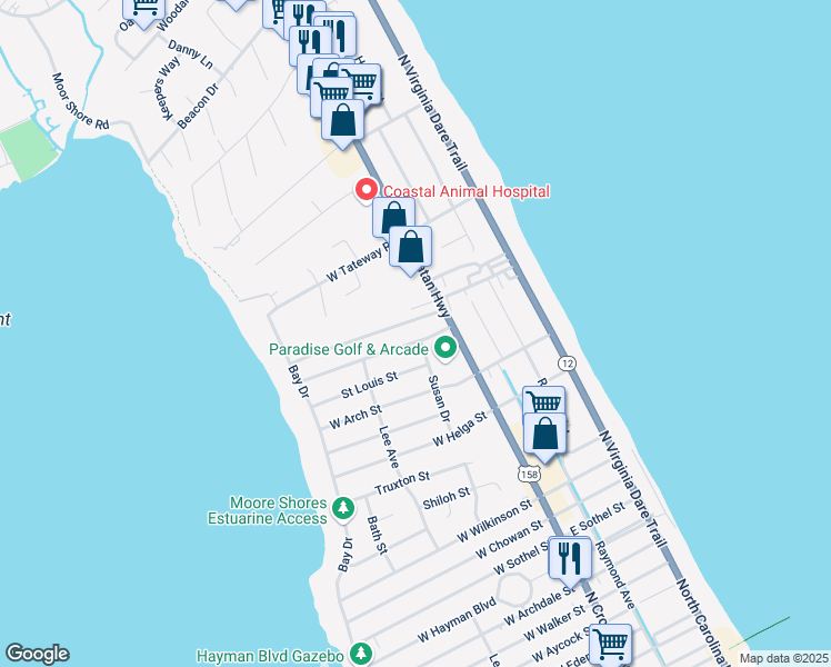 map of restaurants, bars, coffee shops, grocery stores, and more near 300 West Cameron Street in Kill Devil Hills