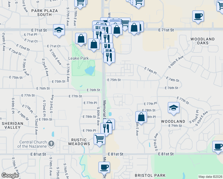 map of restaurants, bars, coffee shops, grocery stores, and more near 7523 South 82nd East Avenue in Tulsa