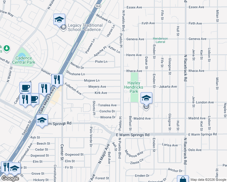 map of restaurants, bars, coffee shops, grocery stores, and more near 245 Kirk Avenue in Henderson