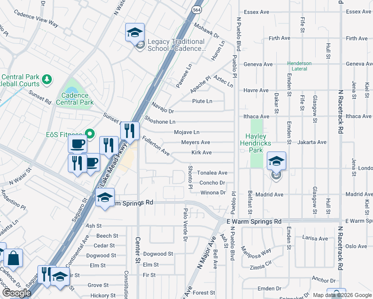 map of restaurants, bars, coffee shops, grocery stores, and more near 215 Kirk Avenue in Henderson