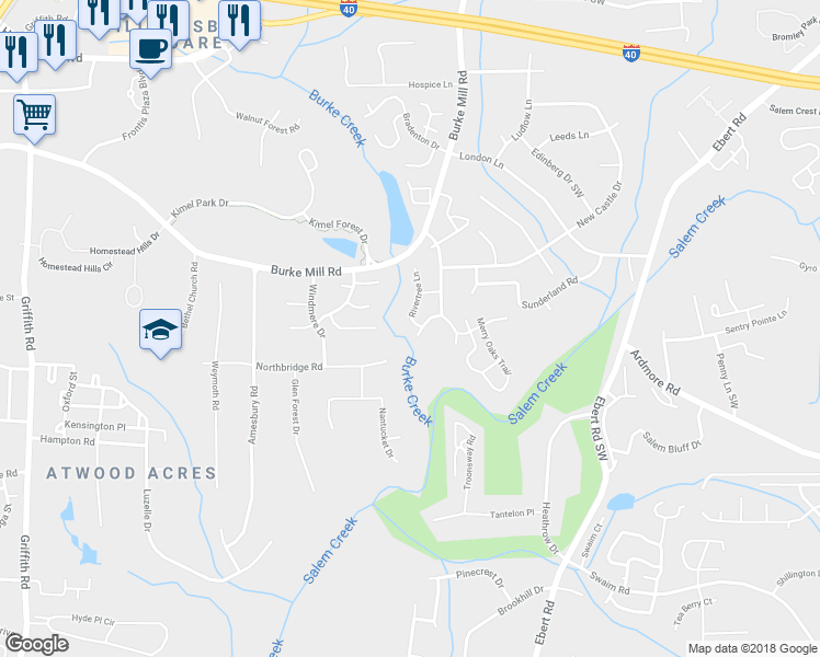 map of restaurants, bars, coffee shops, grocery stores, and more near 523 Rivertree Lane in Winston-Salem