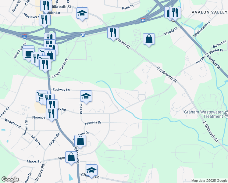 map of restaurants, bars, coffee shops, grocery stores, and more near 813 Essex Drive in Graham