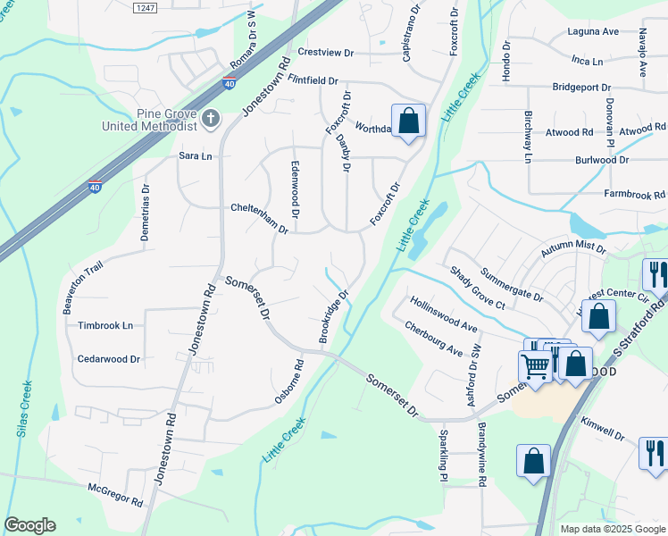 map of restaurants, bars, coffee shops, grocery stores, and more near 496 Brookridge Drive in Winston-Salem