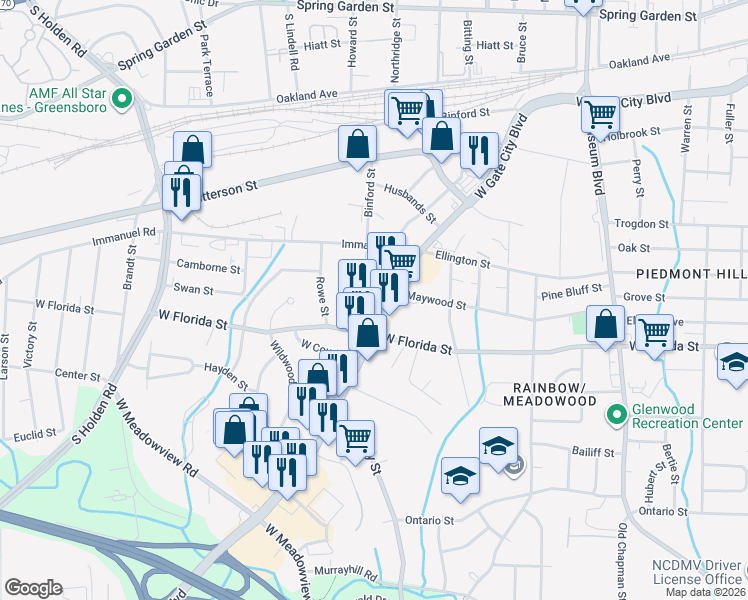 map of restaurants, bars, coffee shops, grocery stores, and more near 2509 Williams Street in Greensboro