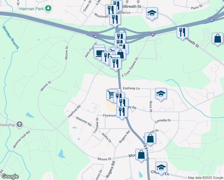 map of restaurants, bars, coffee shops, grocery stores, and more near 132 West Crescent Square Drive in Graham