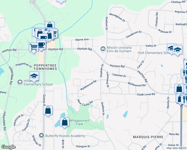 map of restaurants, bars, coffee shops, grocery stores, and more near 4 Sidbrook Court in Durham