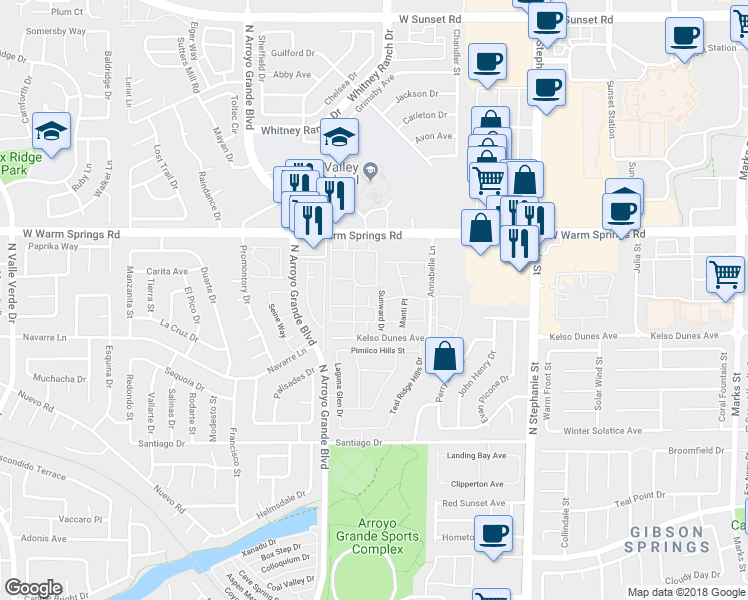 map of restaurants, bars, coffee shops, grocery stores, and more near 360 Sunward Drive in Henderson