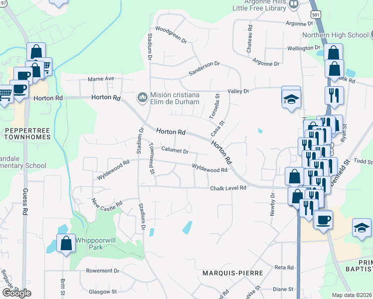 map of restaurants, bars, coffee shops, grocery stores, and more near 4 Porter Circle in Durham