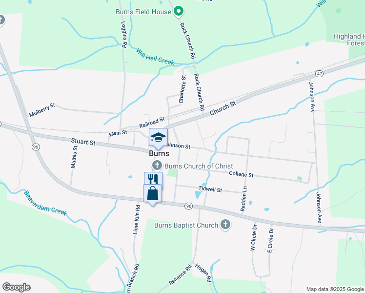 map of restaurants, bars, coffee shops, grocery stores, and more near 1100 Herchel Street in Burns