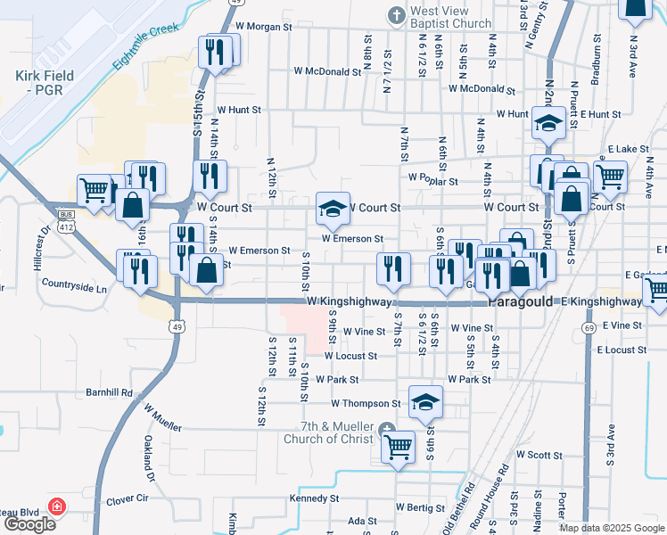map of restaurants, bars, coffee shops, grocery stores, and more near 904 West Main Street in Paragould