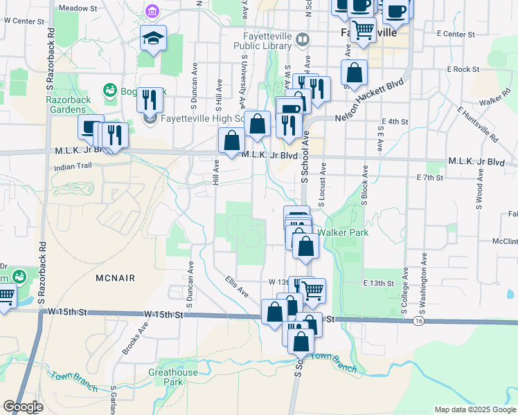 map of restaurants, bars, coffee shops, grocery stores, and more near 605 West Cheshire Court in Fayetteville