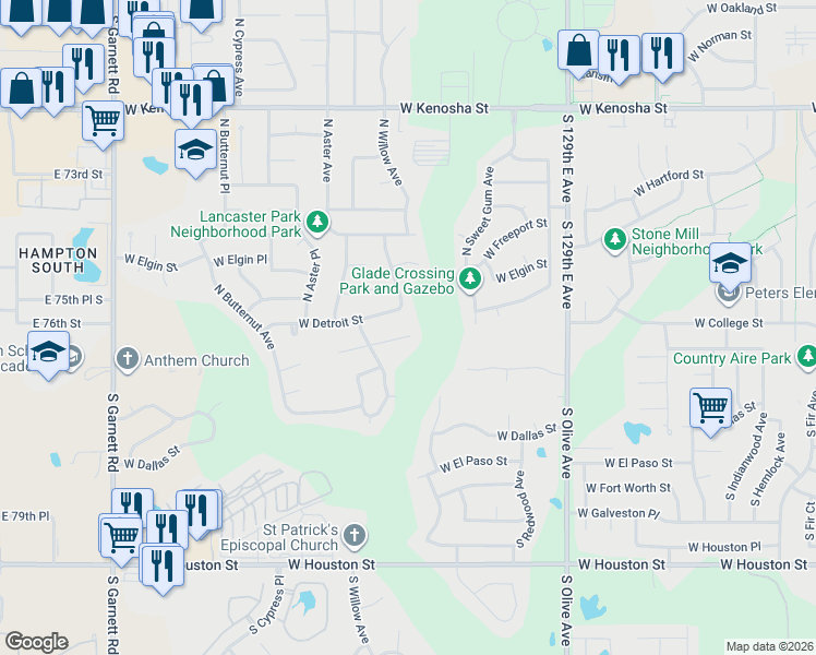 map of restaurants, bars, coffee shops, grocery stores, and more near 4204 West College Street in Broken Arrow