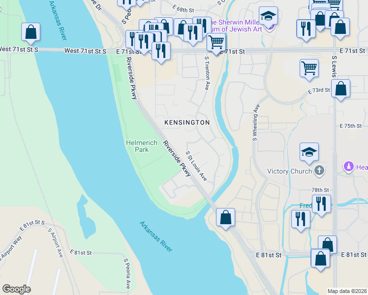 map of restaurants, bars, coffee shops, grocery stores, and more near 7508 South Saint Louis Avenue in Tulsa
