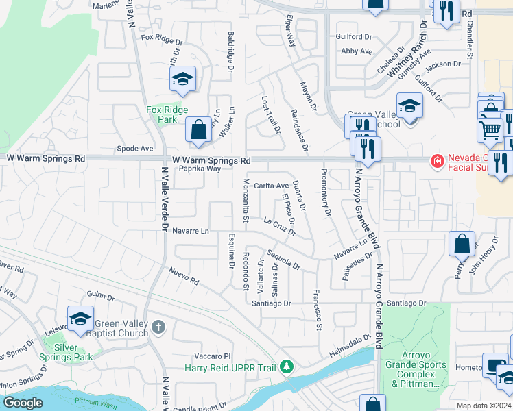 map of restaurants, bars, coffee shops, grocery stores, and more near 371 Tierra Street in Henderson