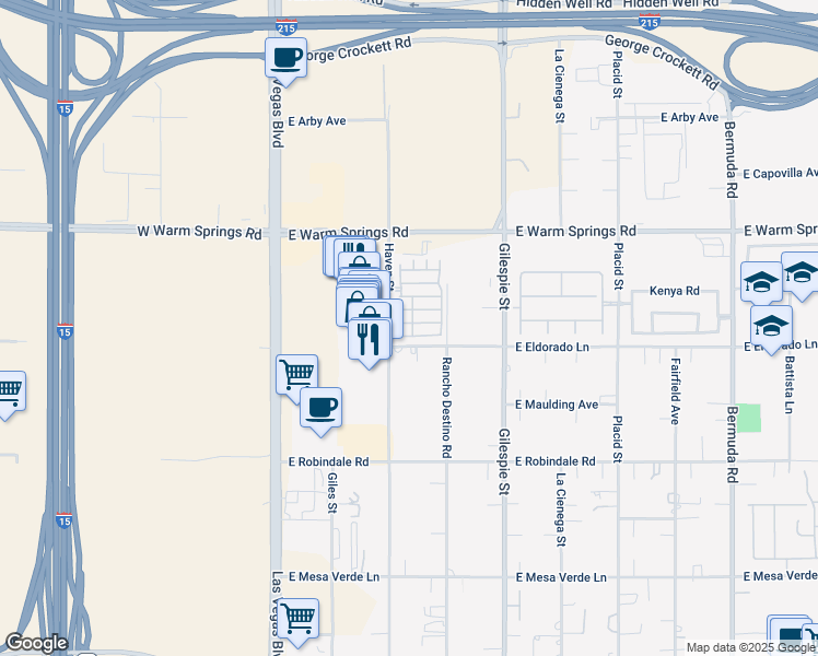 map of restaurants, bars, coffee shops, grocery stores, and more near 117 Duxford Avenue in Las Vegas