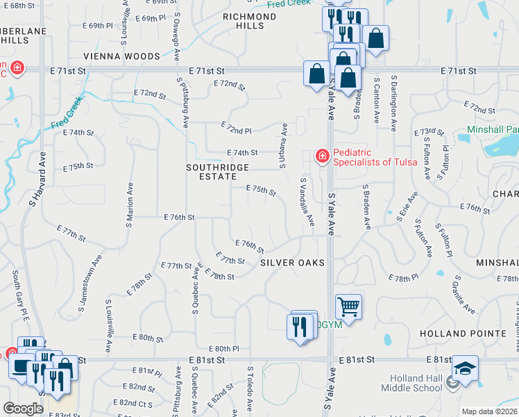 map of restaurants, bars, coffee shops, grocery stores, and more near 7526 South Toledo Avenue in Tulsa