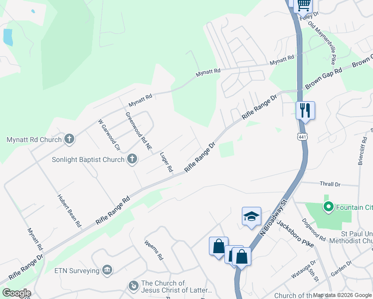 map of restaurants, bars, coffee shops, grocery stores, and more near 2918 Muzzle Lane in Knoxville