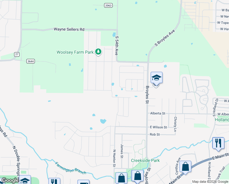 map of restaurants, bars, coffee shops, grocery stores, and more near 941 Broyles Street in Farmington