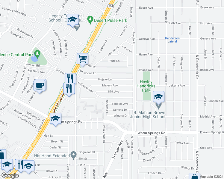 map of restaurants, bars, coffee shops, grocery stores, and more near 225 Kirk Avenue in Henderson