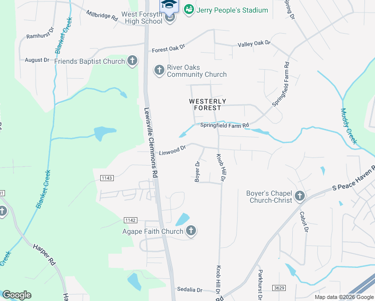 map of restaurants, bars, coffee shops, grocery stores, and more near 6731 Linwood Drive in Clemmons