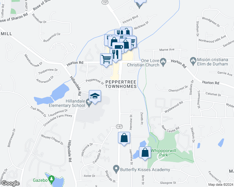 map of restaurants, bars, coffee shops, grocery stores, and more near 2001 Peppertree Street in Durham
