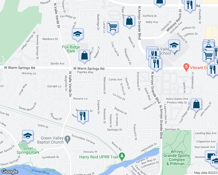 map of restaurants, bars, coffee shops, grocery stores, and more near 371 Tierra Street in Henderson